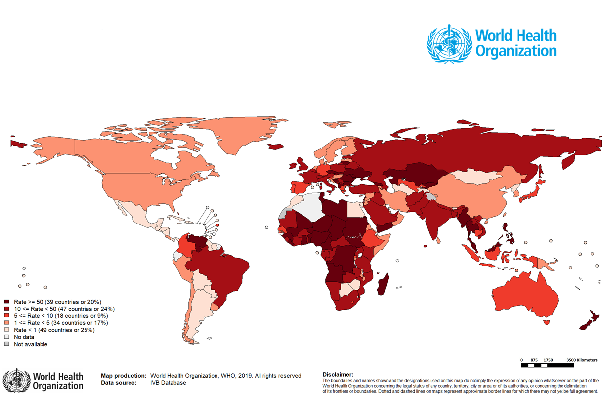 Mapa del mundo con incidencia sarampión en agosto 2019